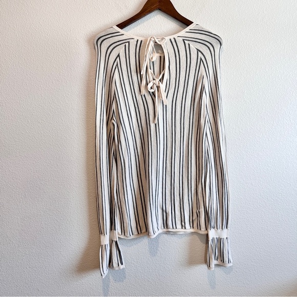 Hinge Striped Sweater Small Long Sleeve Tie Back Cream Gray Knit Preppy Boho - Picture 9 of 9